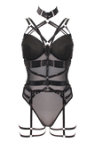 MUSE PL022BLK LARGE 3 pce set Bodysuit with elastic brace top and garter belt