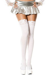 MUSIC LEGS 4747 LACE TOP OPAQUE THIGH HI WHITE O/S