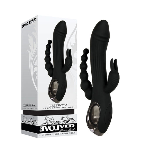 Evolved Trifecta Black 21.6 cm USB Rechargeable Rabbit Vibrator With Anal, Clitoral and G-Spot Stimulation